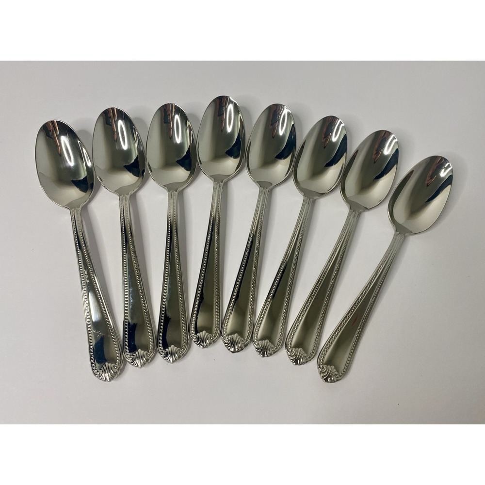 Lenox Bead 18/10 Stainless Oval Soup Spoons Glossy Beaded Plume Tip Lot 8 #2